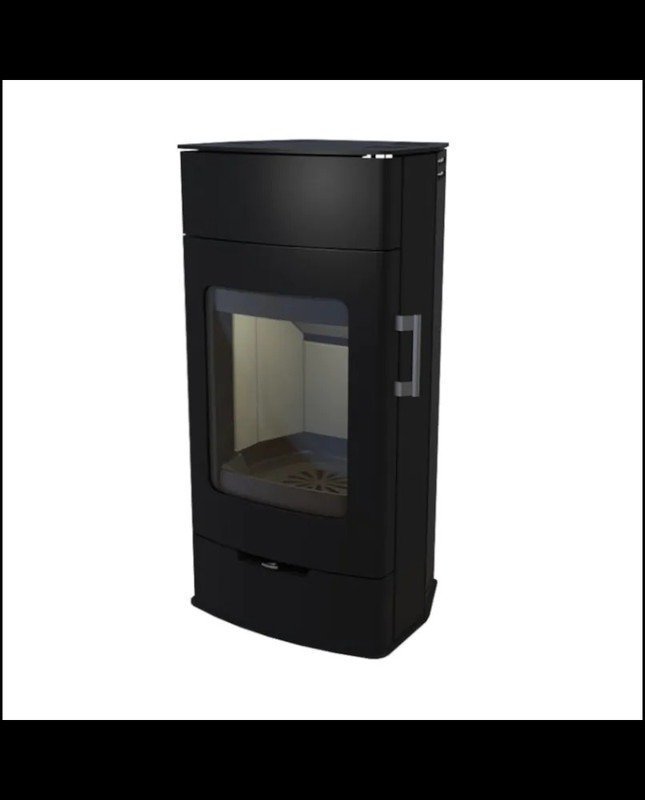 Estufa de leña KRETZ ECHEDO 1 – 7 kW, negra, con compartimento para leña y gran cristal panorámico