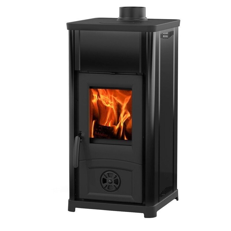 Estufa de leña La Nordica 6,6 kW – diseño industrial con placa de cocción